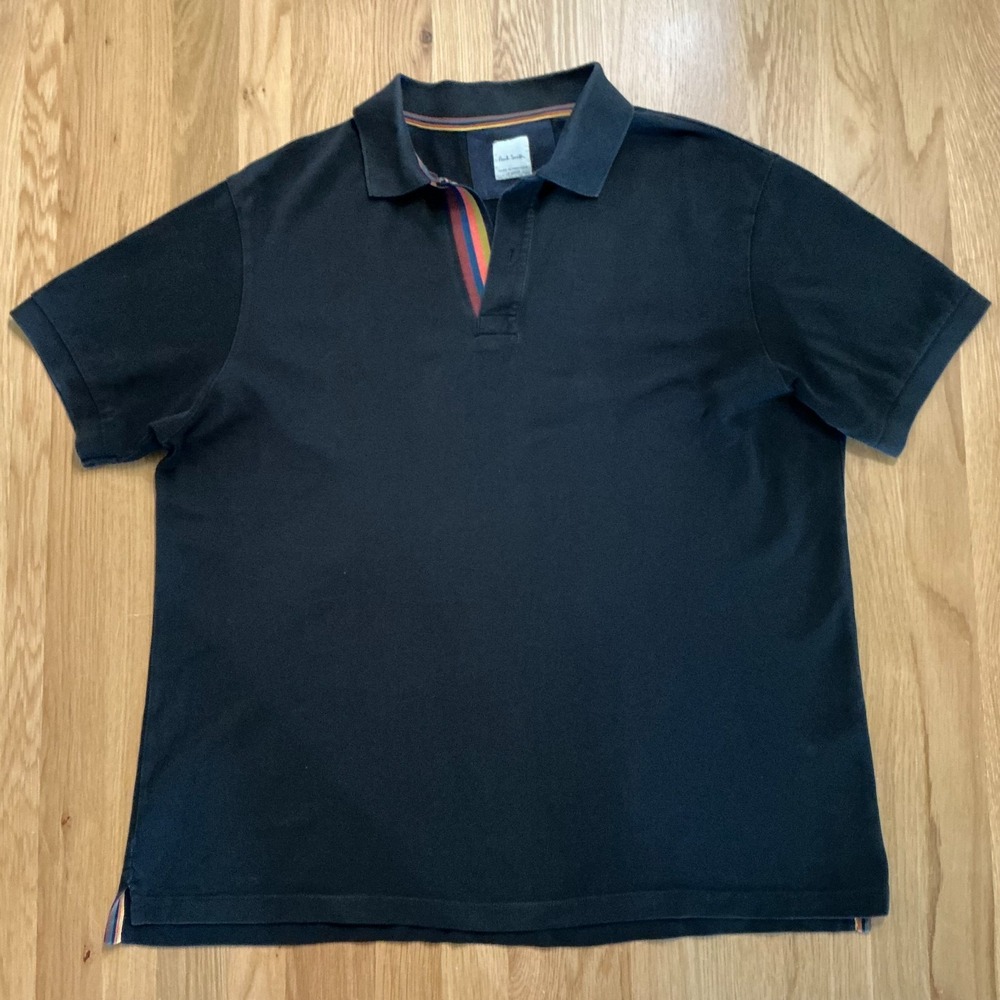 Paul Smith Polo Shirt Mens XL Black Signature Stripe Made in Portugal Cotton